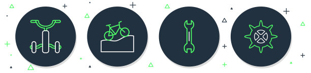 设置线山地自行车，扳手扳手，自行车为儿童和链轮曲柄图标。向量图片下载