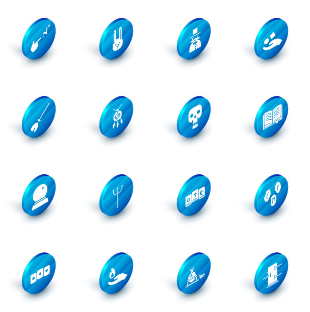 兔子耳朵，魔术师，立方体悬浮在手上，女巫扫帚，球，捕梦人羽毛，古代魔法书和头骨图标。向量图片下载