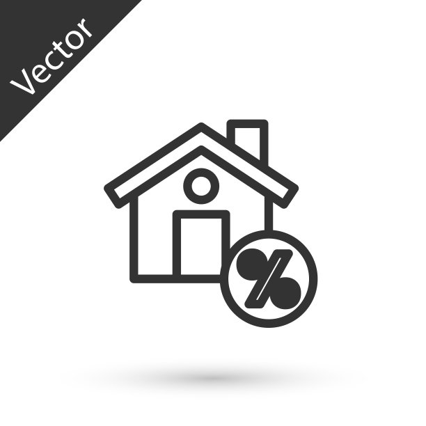 灰色线房子与百分比折扣标签图标孤立在白色背景。房地产家。信用百分比符号。向量图片下载