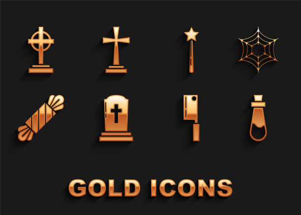 设置墓碑与十字架，蜘蛛网，瓶子药水，肉直升机，糖果，魔杖，和图标。向量图片下载