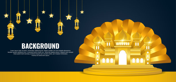 斋月Kareem旗帜背景金色灯和金色清真寺。向量的背景图片下载