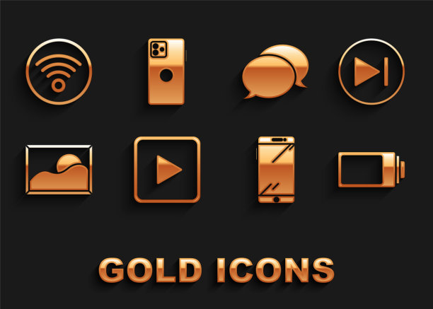 设置方块播放、快进、电量指示灯、智能手机、手机、图片景观、语音泡泡聊天、Wi-Fi无线网络和图标。向量图片下载