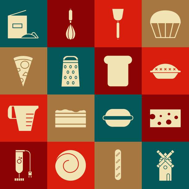 设置风车，奶酪，自制派，刮刀，磨碎器，披萨片，面粉包和面包吐司图标。向量图片下载