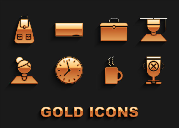 设置时钟，毕业和毕业帽，奖项杯，咖啡，老师，公文包，学校背包和黑板图标。向量图片下载