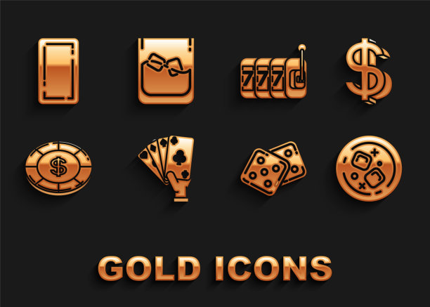 集手握扑克牌，美元符号，一杯威士忌冰块，游戏骰子，赌场筹码与美元，老虎机幸运七头奖，玩回和图标。向量图片下载