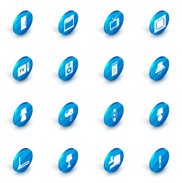 设置烤箱，电视，浴室秤，电视盒接收器和播放器与遥控器，台灯，立体声扬声器，厨房抽风机和遥控器图标。向量图片下载