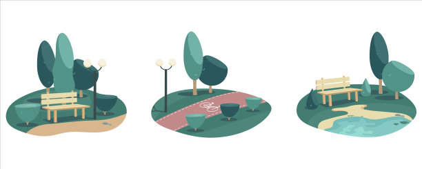 一套三幅矢量插图:宁静的湖边长椅与绿色环境，自行车道和道路与灯笼在春夏季节图片下载