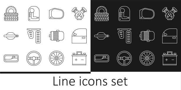 设置线路汽车电池，门，镜子，汽油和刹车踏板，手柄，轮胎，电动发动机和换挡图标。向量图片下载