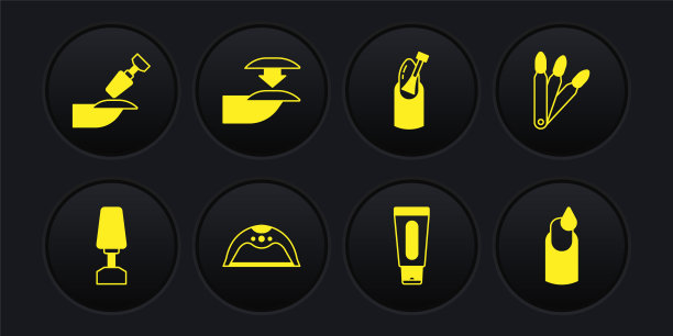 套装修指甲铣刀，假指甲，修指甲灯，护手霜管，指甲，图标。向量图片下载