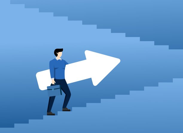 职业发展概念。成功的商人举着箭牌，爬着楼梯。图片下载