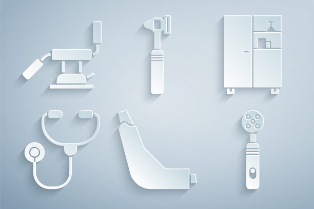 设置吸入器，药柜，听诊器，电动牙刷，医用耳镜工具和牙科椅图标。向量图片下载