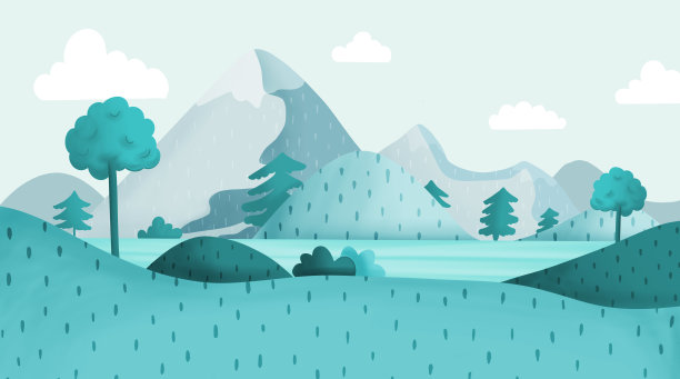 平面风格的山地景观插图。平面风格的卡通山景。海报、卡片、横幅、传单、奇妙自然的设计元素。图片下载