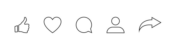 社交媒体图标竖起大拇指，心形图标转发和评论。白色背景上的平面标志图标。向量图片下载
