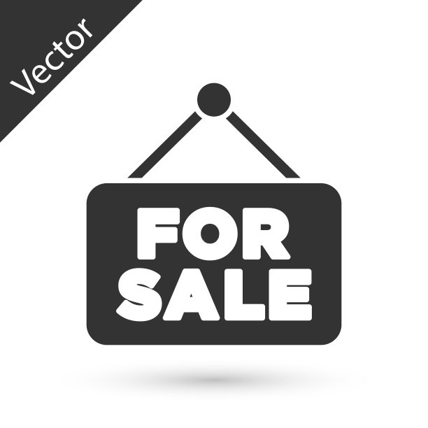 灰色悬挂标志，白色背景上有文字出售图标。招牌与文字出售。向量图片下载