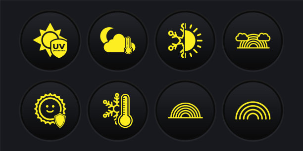 设置紫外线防护，彩虹与云，温度计雪花，太阳和，云，月亮，和图标。向量图片下载