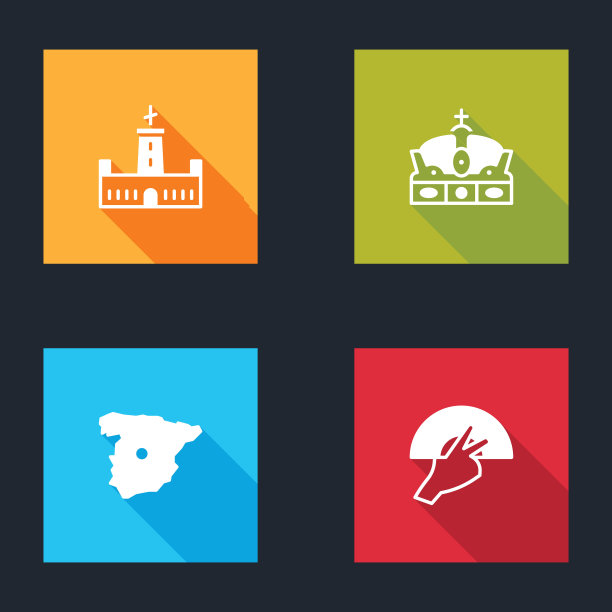 集Montjuic城堡，西班牙王冠，西班牙地图和范弗拉门戈图标。向量图片下载