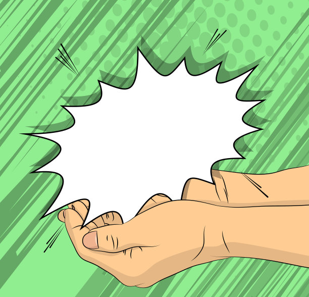 漫画人的手在他的手掌里握着一个空白的演讲气泡。抽象波普艺术绿色背景的广告。复古海报模板。图片下载