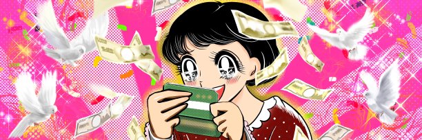 一幅复古昭和风格的少女漫画的大尺寸插图，漫画中的女孩因副业带来的高收入而欣喜若狂。图片下载