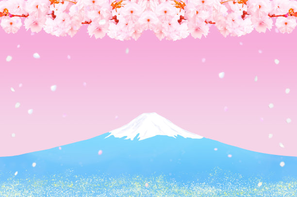 富士山和樱花，黎明或清晨背景插图图片下载