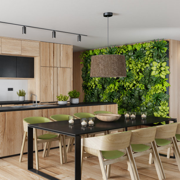 现代但质朴的复古风格厨房与天然木材材料。橡木黄色木材。墙的植物。餐厅有八把椅子。图片下载