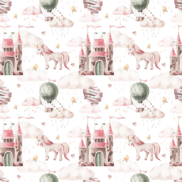 水彩图案与独角兽和城堡隔离。图片下载