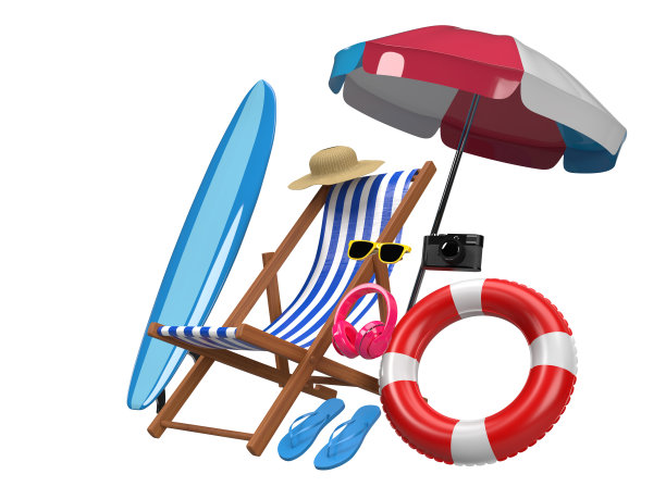暑假概念与冲浪板，太阳镜，游泳圈，沙滩椅，沙滩球，雨伞和夏季配件元素。三维渲染图片下载