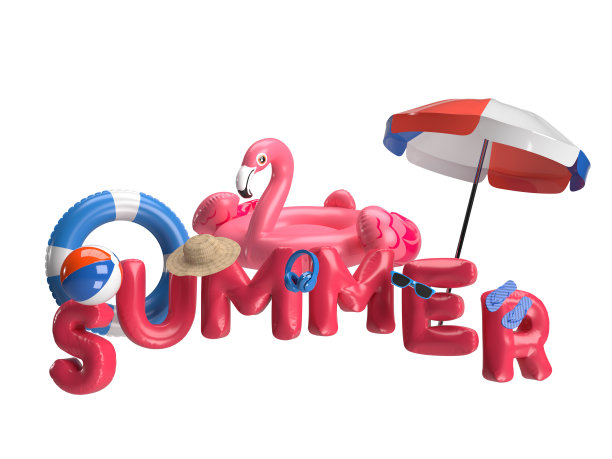 暑假概念与火烈鸟充气，太阳镜，游泳圈，沙滩球，雨伞和夏季配件元素。三维渲染图片下载