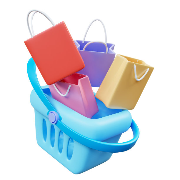 3D浮动购物篮与购物袋的网上购物和数字营销的想法。购物时间。创意概念设计。网页登陆页，横幅和海报。三维渲染图片下载