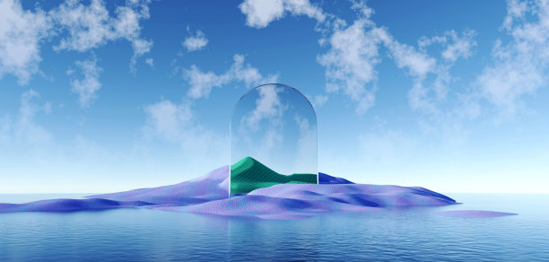 三维渲染超现实的粉彩景观背景与几何形状，抽象梦幻沙漠沙丘调味景观与拱门，全景，未来场景与复制空间，蓝天和多云图片下载