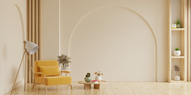 波西米亚风格的室内，灰色沙发和扶手椅在奶油色的墙壁背景。三维渲染图片下载