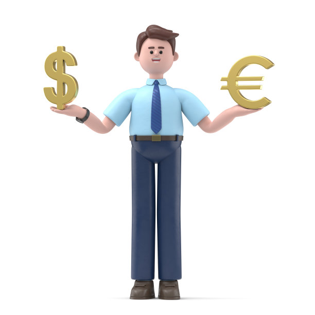 3D插图的微笑的亚洲男子菲利克斯与标志美元和欧元。白色背景上的3D渲染。图片下载