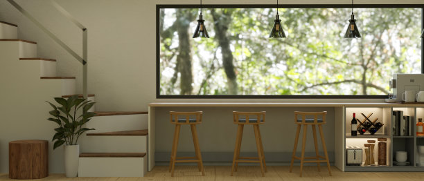 现代明亮的客厅室内设计与柜台酒吧控制台图片下载