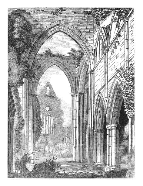 英国蒙茅斯郡丁登修道院遗址-古刻插图图片下载