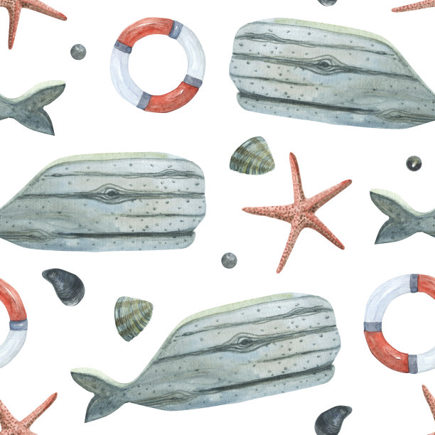 无缝水彩海图案。手绘木鲸鱼，救生圈，海星，贻贝，贝壳，海卵石。复古风格的插图。白色背景。航海内部图片下载