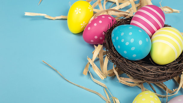 彩色的复活节彩蛋在蓝色背景上的巢与空间。图片下载