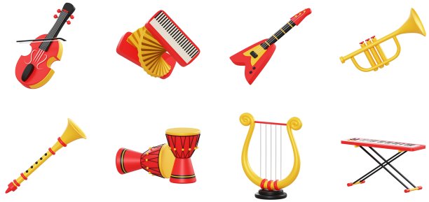3D乐器集电吉他手风琴合成器单簧管肯当竖琴小号大提琴管弦乐队歌曲音乐交响乐UX Ul图标网页设计元素3D渲染插图图片下载