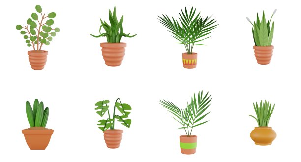 3D植物在花盆设置园艺室内植物花盆室内绿化植物植物草本观赏植物UX UI网页设计元素3D渲染插图图片下载