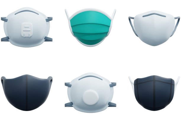 3D防护口罩套装医用口罩N-95布口罩FFP2口罩病毒药品医院药房UI UX网页设计元素3D渲染插图图片下载