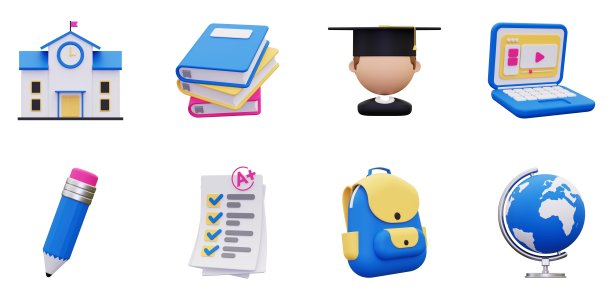 3D学习用品套装背包地球地球仪铅笔学生书籍考试成绩笔记本电脑教育研究文具用户体验界面网页设计元素3D渲染插图图片下载