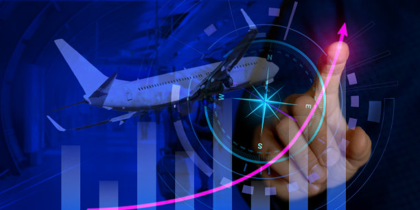 双重曝光的人手，向上的机场交通和飞机交通图表。流量优化概念，流量增加，数据核算。图片下载