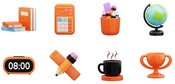 3D学习用品套装书籍地球地球仪闹钟咖啡杯奖杯铅笔和尺子计算器教育研究文具用户体验用户界面网页设计元素3D渲染插图图片下载