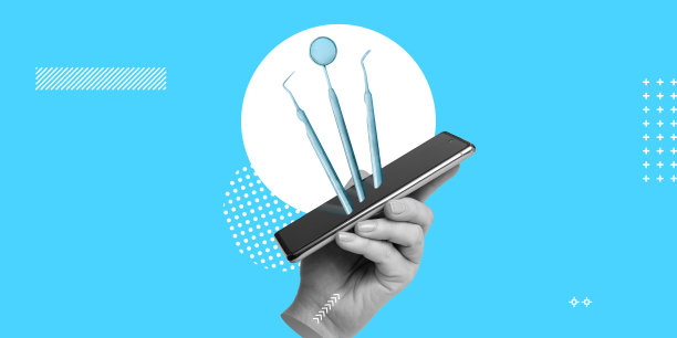 牙科中心申请，预约专家，远程咨询，牙医博客。医生手中的智能手机屏幕上有牙科仪器。简约的拼贴图片下载