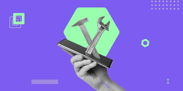 应用服务和维修中心，专家移动电话，远程工作。手握智能手机屏幕上的扳手和锤子。简约的拼贴图片下载