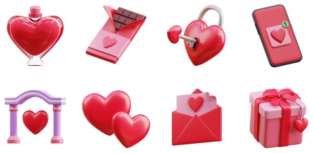 3D圣瓦伦丁图标集巧克力棒香水通道情书浪漫的礼物心挂锁关系夫妇UX UI网页设计元素3D渲染插图图片下载