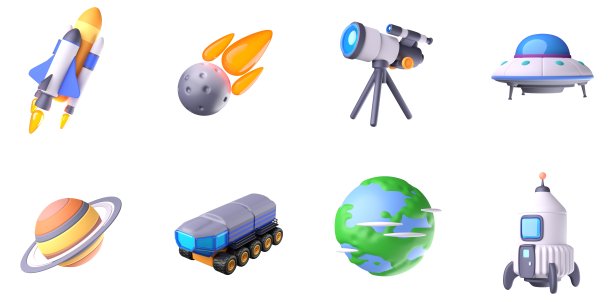 三维空间图标集火箭航天飞机坠落的彗星UFO地球月球探测器望远镜空间轨道天文卫星宇宙空间观测用户界面图标Web设计元素三维渲染插图图片下载
