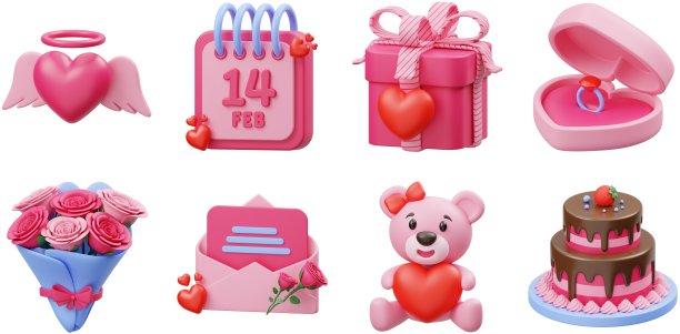 3D圣瓦伦丁图标套装鲜花花束礼物泰迪熊粉红色的心情书钻石戒指浪漫关系情侣UX UI网页设计元素3D渲染插图图片下载