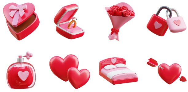 3D圣瓦伦丁图标集钻石戒指鲜花花束红玫瑰香水浪漫的礼物心与箭头爱挂锁关系夫妇UX UI网页设计元素3D渲染插图图片下载