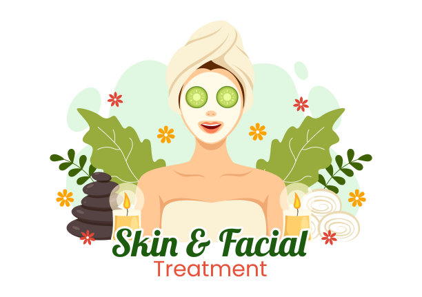 面部和皮肤治疗插图与女性皮肤护理，抗衰老程序，按摩或SPA健康平面卡通手绘模板图片下载