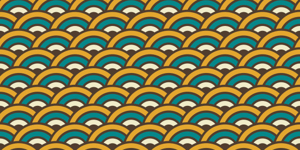 复古同心圆图案。东方圆弧装饰无缝背景。70年代或80年代风格的复古抽象几何纹理。色彩鲜艳的织物和纺织品设计。矢量图图片下载