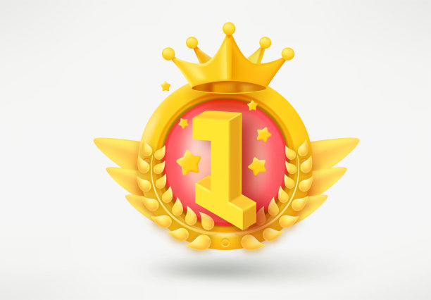 带有数字1和花环的游戏等级标志。在白色背景下隔离的游戏成就3D徽章图片下载